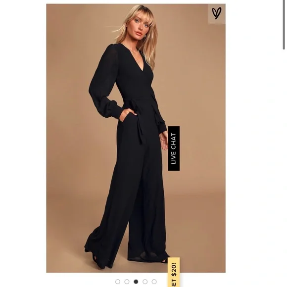 Reformation Molly Black Surplice Wrap Wide Leg long sleeve Jumpsuit Size 6